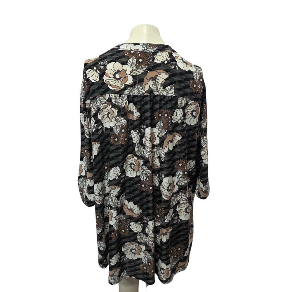Cocomo Woman 3X Floral Tunic Blouse Black Brown Sheer Roll Tab Sleeve Plus Boho - Picture 3 of 5
